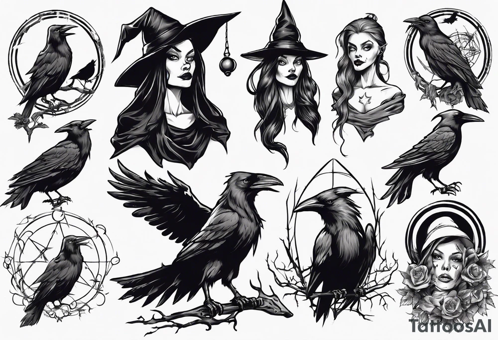 witch with crows tattoo idea