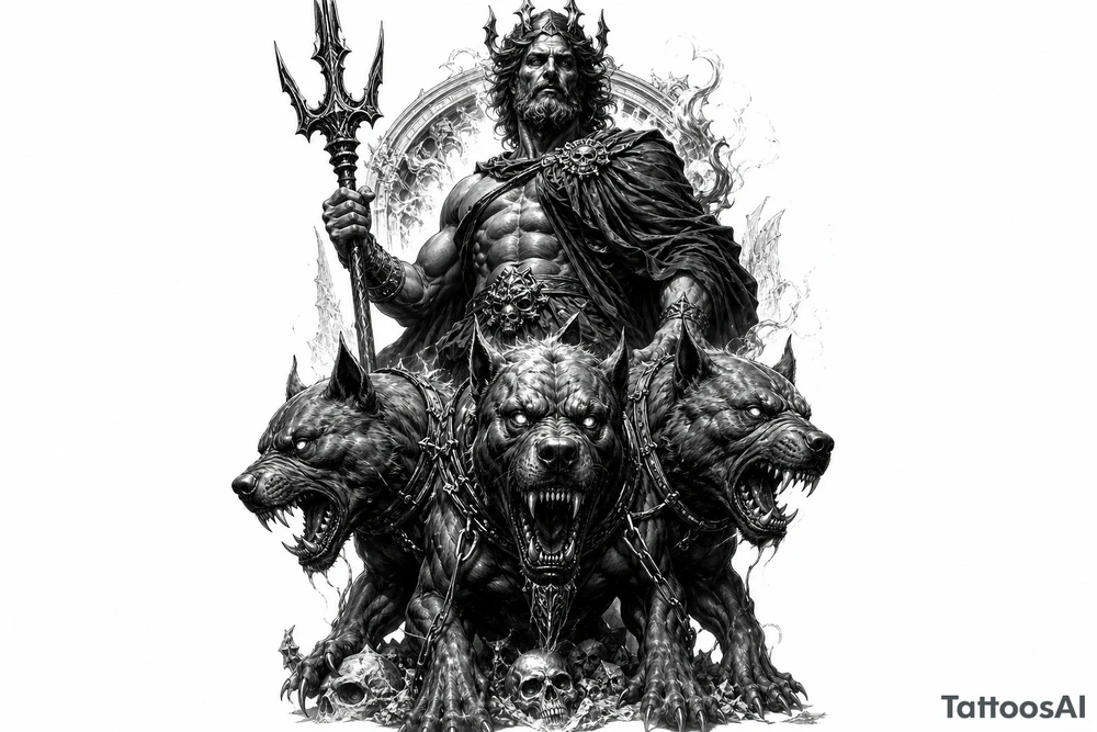 Hades with Cerberus in a dark, mythological style. tattoo idea