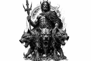 Hades with Cerberus in a dark, mythological style. tattoo idea
