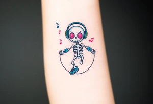 Cute smiley skeleton with pink dreamy eyes in his eyes jumping on a jump rope with blue headphones blue armbands blue sneakers and colorful  music notes around his head tattoo idea