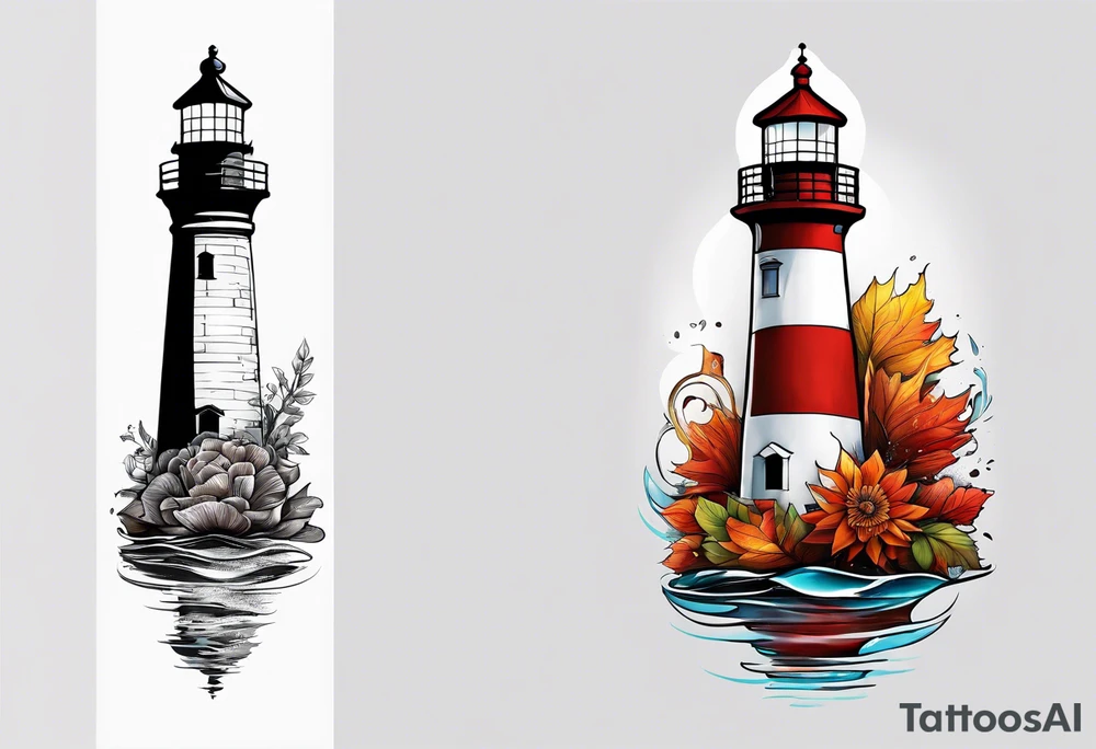 Arm sleeve with fall colors, various flowers, water flow shapes, water splash, light house tattoo idea