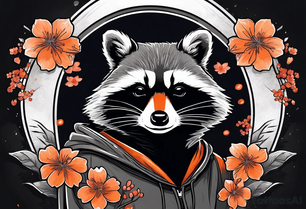 Raccoon wearing a white Superman logo on a black hoodie and orange Japanese cherry blossoms tattoo idea