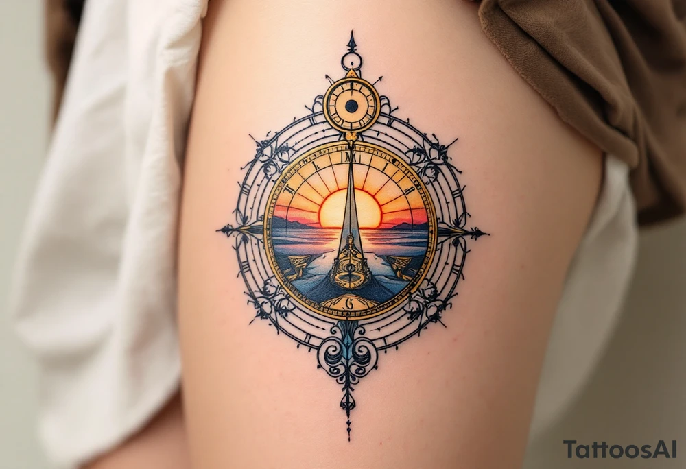 A vintage sundial bathed in a soft sunset glow, symbolizing how time is measured differently in every era. tattoo idea