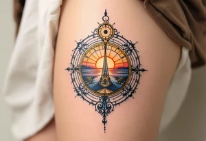 A vintage sundial bathed in a soft sunset glow, symbolizing how time is measured differently in every era. tattoo idea