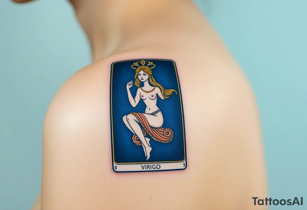 A tarot card featuring the Virgo symbol, with intricate gold detailing and a rich deep blue background tattoo idea