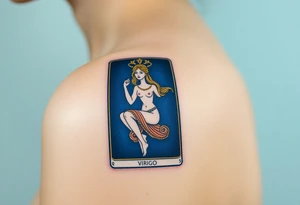 A tarot card featuring the Virgo symbol, with intricate gold detailing and a rich deep blue background tattoo idea