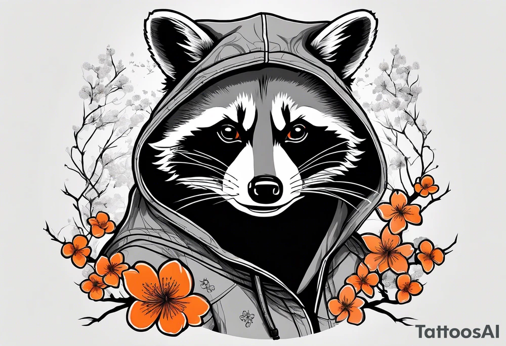 raccoon wearing a black and white Superman hoodie with orange Japanese cherry blossoms tattoo idea