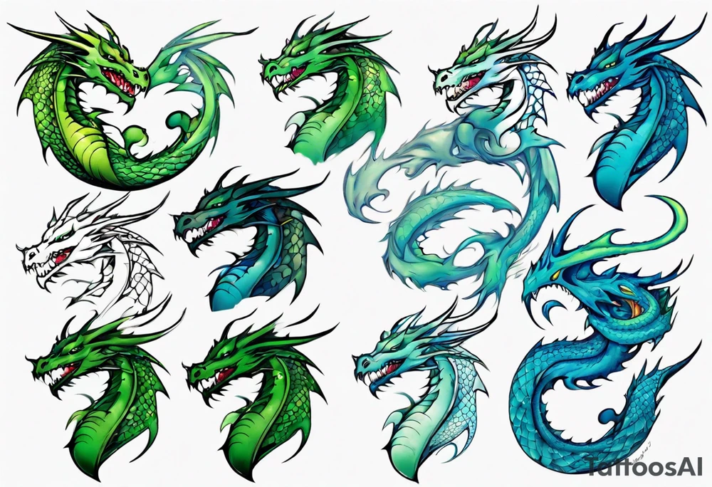 dragon half blue half green tattoo idea