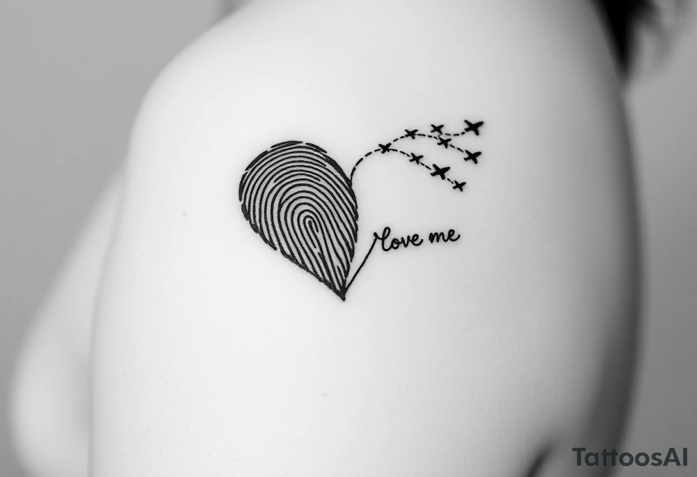 Two fingerprints merged into a heart shape, with the top right edge breaking away into a few small planes flying into the sky.

Signature Beneath the heart in the loved one’s handwriting flowing up into the heart tattoo idea