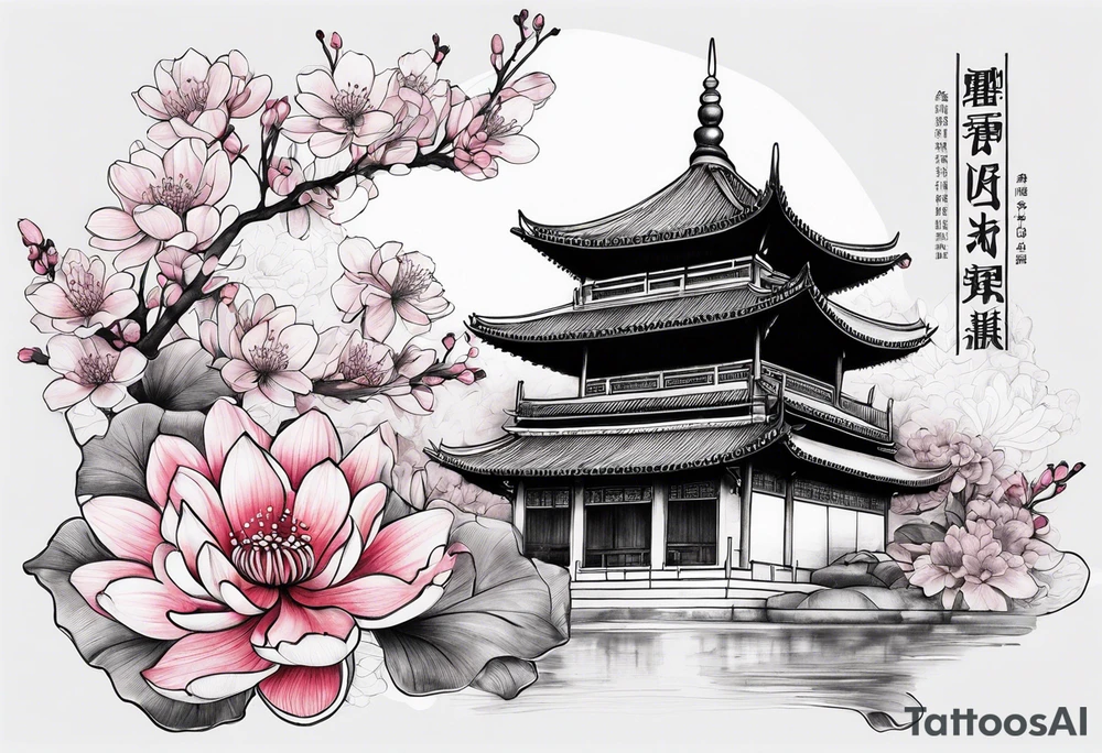 Cherry blossom, china building and lotus flower tattoo idea