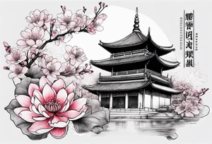 Cherry blossom, china building and lotus flower tattoo idea