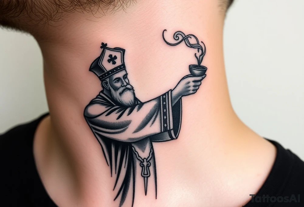 Russian Orthodox Priest in fully detailed vestment swinging a censer with smoke curling upward tattoo idea