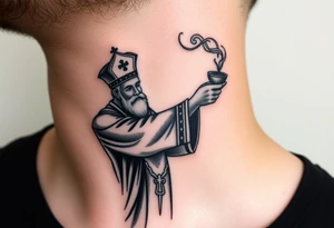 Russian Orthodox Priest in fully detailed vestment swinging a censer with smoke curling upward tattoo idea
