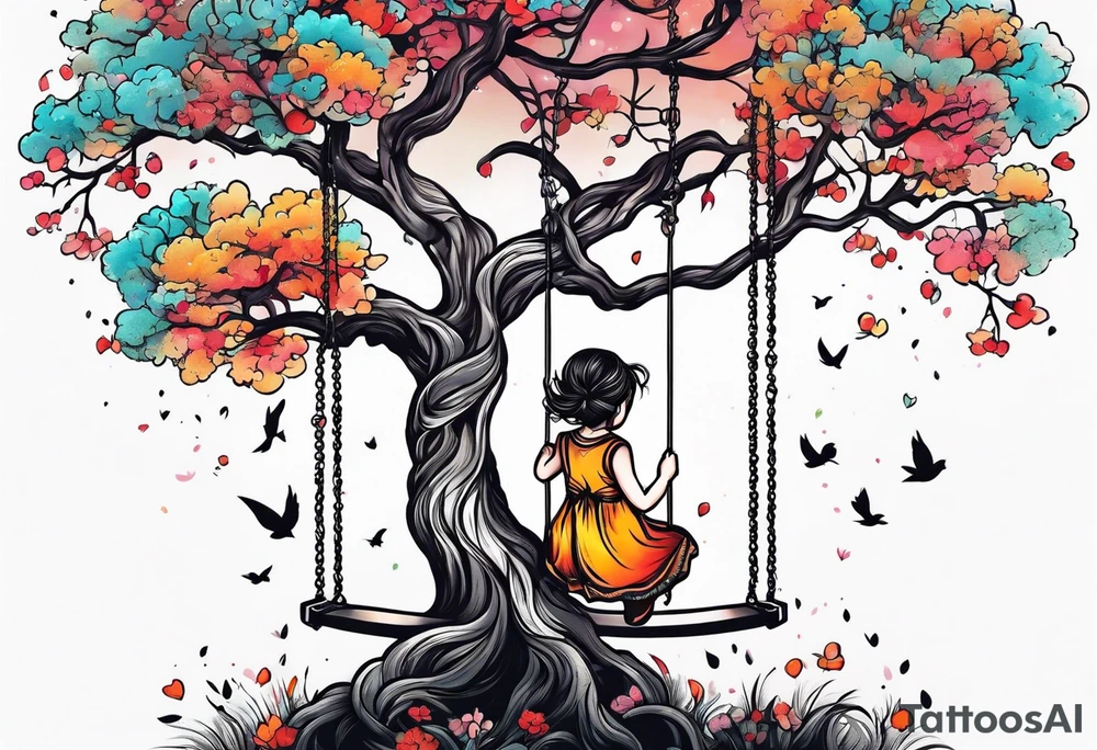 little girl swinging under a tree of life tattoo idea