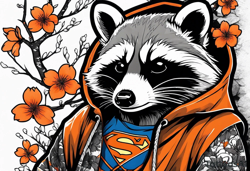 raccoon wearing a black and white Superman hoodie and orange Japanese cherry blossoms tattoo idea