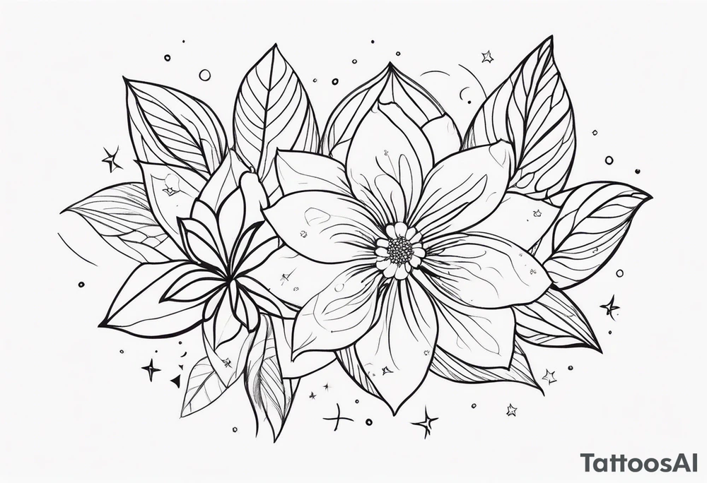 fine line floral with stars, swirls, dots tattoo idea