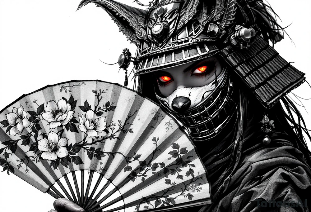 Woman samurai with red eyes wearing an half and broken kitsune mask, holding a japanese fan with Sakura flowers tattoo idea