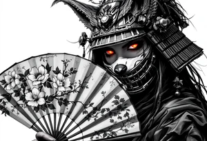 Woman samurai with red eyes wearing an half and broken kitsune mask, holding a japanese fan with Sakura flowers tattoo idea