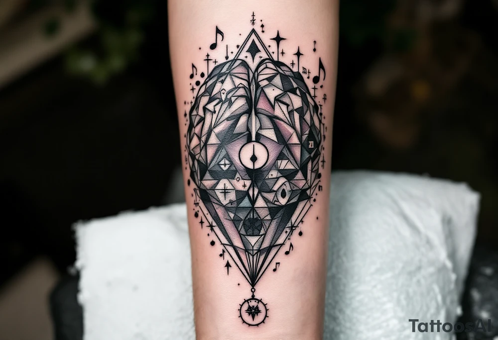 Tattoo inspired in the creativity of a gifted brain, with few watercolor details but mostly black, with words and musical symbols flying arround, with the phrase "It begins with a dream" tattoo idea