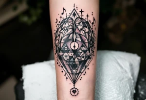 Tattoo inspired in the creativity of a gifted brain, with few watercolor details but mostly black, with words and musical symbols flying arround, with the phrase "It begins with a dream" tattoo idea