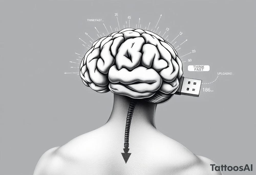 A Floating Brain with a USB Plug
A realistic human brain floating in the air, connected to a thick USB cable instead of a spine.
Holographic data streams running from it, displaying error codes or stock market numbers.
Could have a phrase like “THINK FAST” or “UPLOADING…”. tattoo idea