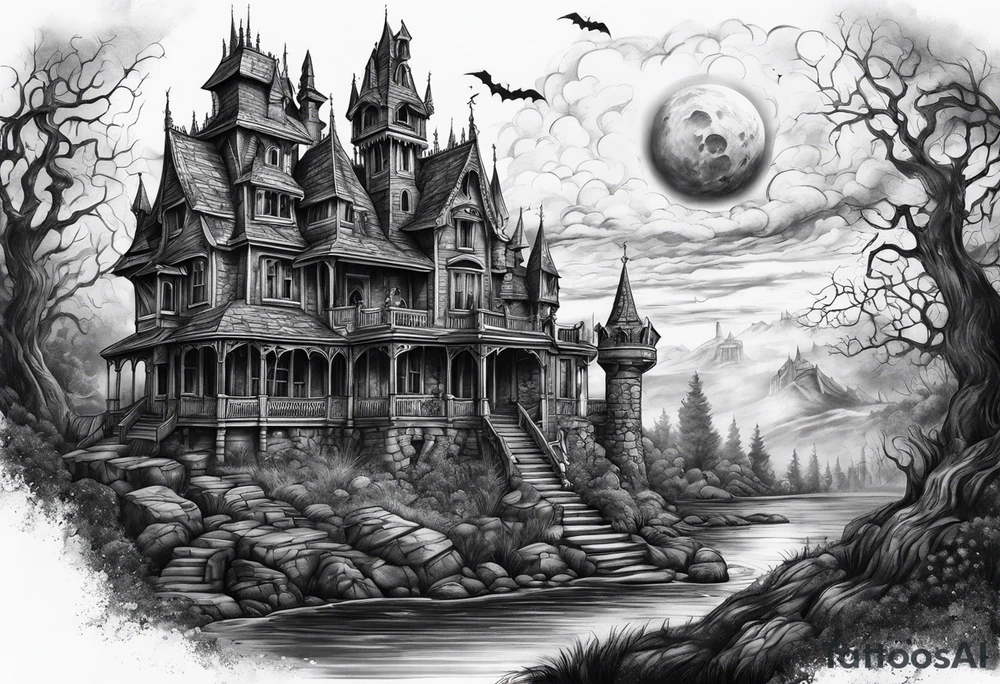 Scary rotting haunted castle portrait tattoo idea