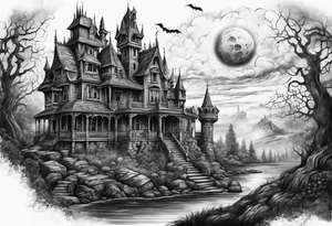 Scary rotting haunted castle portrait tattoo idea