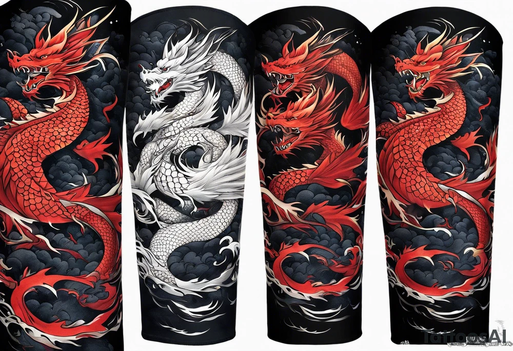 dragon irezumi arm sleeve in black and red with water and lightning tattoo idea