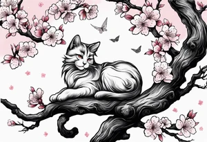 elongated cherry blossom branch meeting with a dying pine tree with hidden cute demon cat tattoo idea