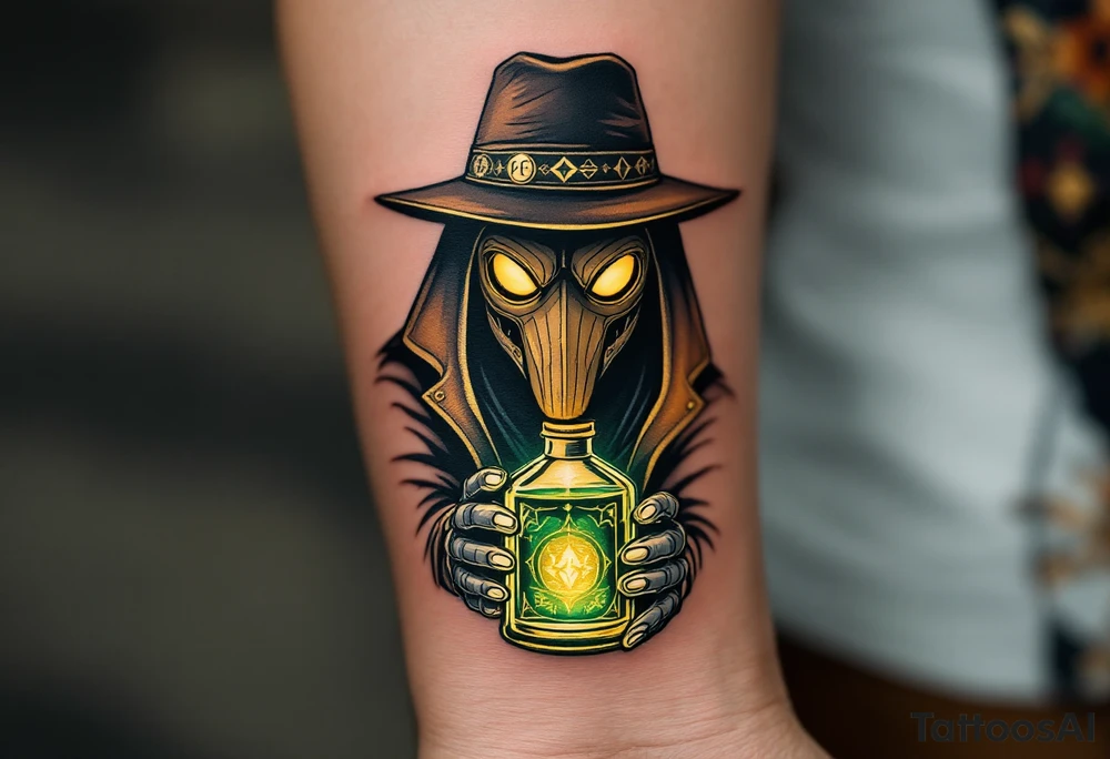 Alchemist Plague Doctor – A mystic plague doctor with tipical mask holding a potion bottle with a glowing deep green elixir inside. The mask is dark tan, with golden etchings resembling ancient alchemy symbols. tattoo idea