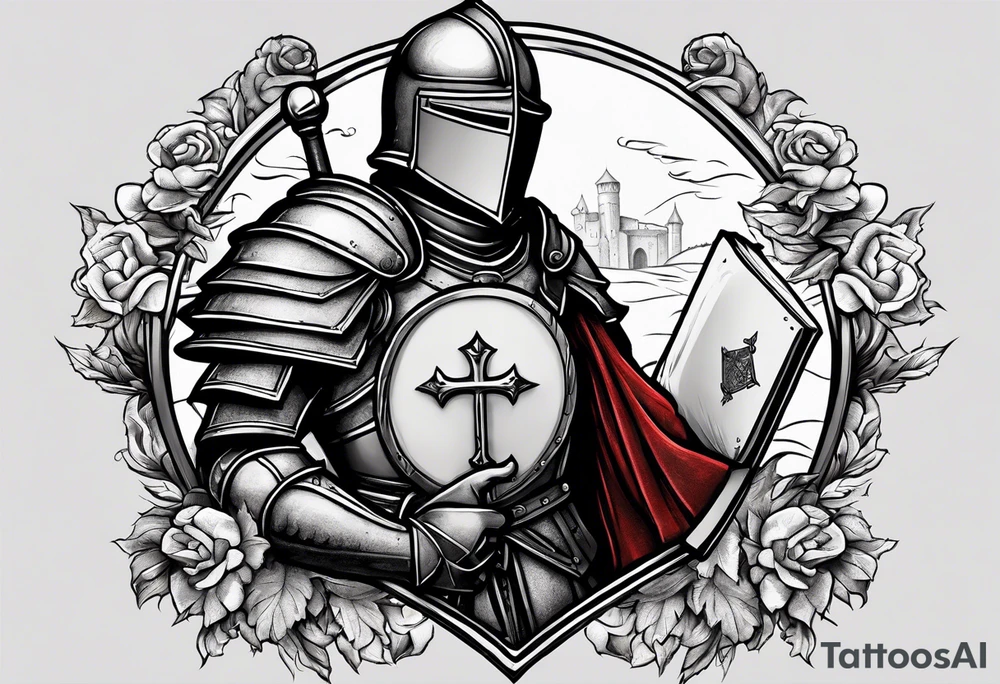 a knight with a bible on his shield tattoo idea