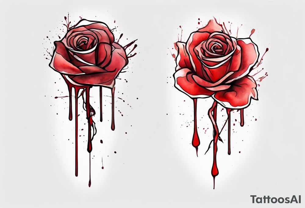 rose flower, one line, red blood dripping from the flower, tall, watercolor, with a Christian cross placed in the bottom half tattoo idea