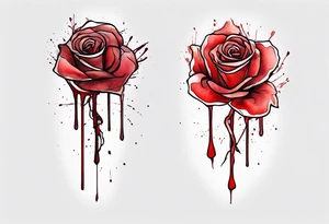 rose flower, one line, red blood dripping from the flower, tall, watercolor, with a Christian cross placed in the bottom half tattoo idea