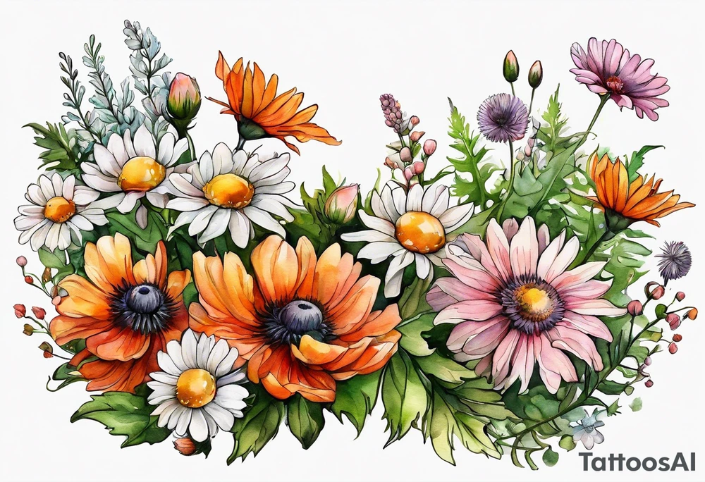 wildflowers with thistles, ferns, white anemones, sun flowers, orange flowers, green flowers, pink flowers, red flowers, babys breath and daisies all in watercolor tattoo idea