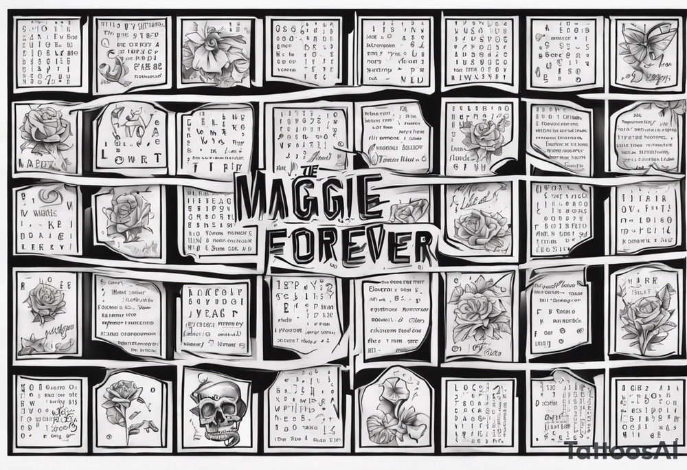 The words Maggie and Lucas and Love and Forever in a crossword puzzle tattoo idea