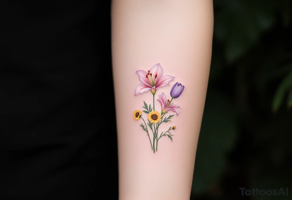 Dainty Stargazer lillies pale pink with no outline 
with small yellow sunflowers and pale purple tulip buds in a dainty wildflower bouquet with light green stems tattoo idea