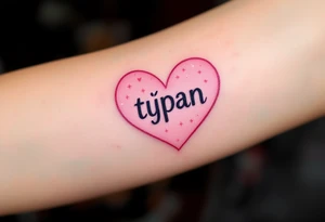 A candy pink heart with sparkles and the name Štěpán inside in rounded print. tattoo idea