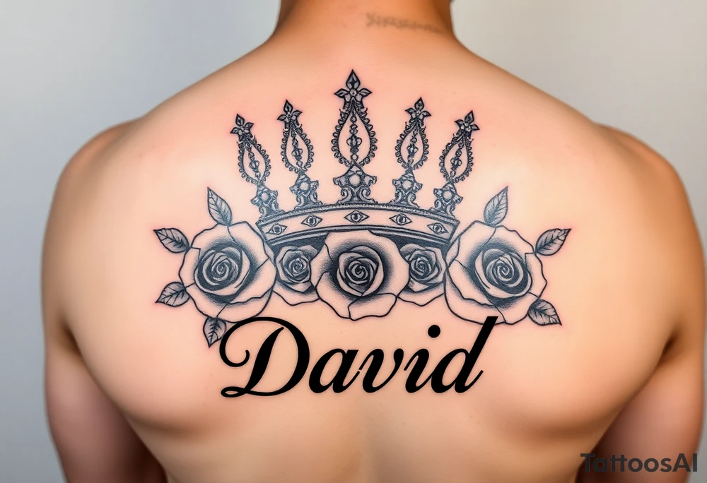 Medium size Kings crown above the name David and roses tattoo idea tattoo idea