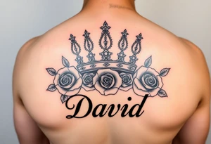 Medium size Kings crown above the name David and roses tattoo idea tattoo idea