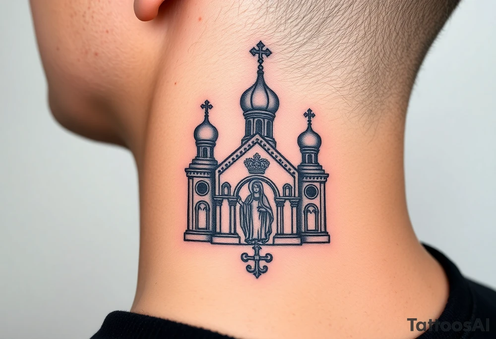 medium traditional russian orthodox church with a russian coat arms and virgin mary tattoo idea