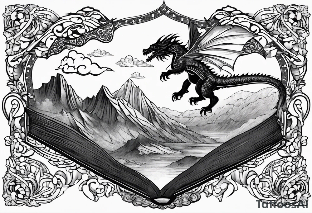 A large open book fluttering pages. a tiny dragon with scales and four legs flying high in the sky. three mountains magic tattoo idea