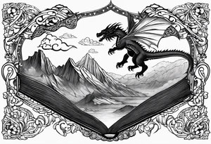 A large open book fluttering pages. a tiny dragon with scales and four legs flying high in the sky. three mountains magic tattoo idea