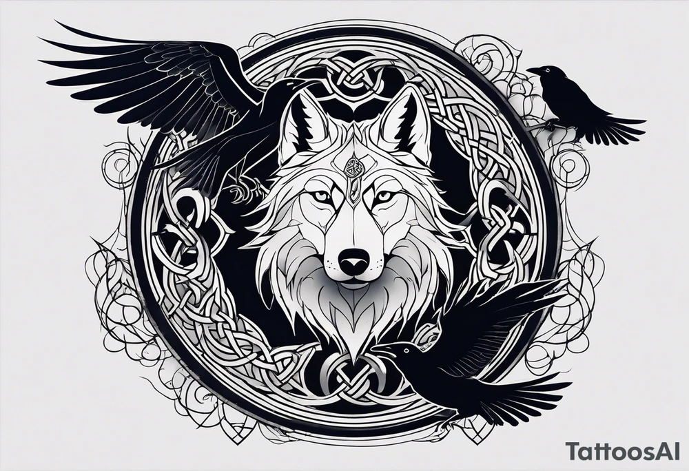 A tattoo with the celtic symbol triskelion, a wolf and a raven set on the backdrops of a dark night moon, cloud and small ravens flying around tattoo idea