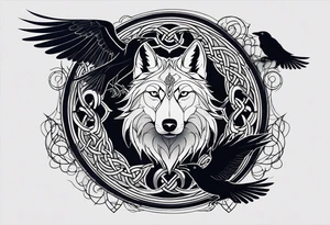 A tattoo with the celtic symbol triskelion, a wolf and a raven set on the backdrops of a dark night moon, cloud and small ravens flying around tattoo idea