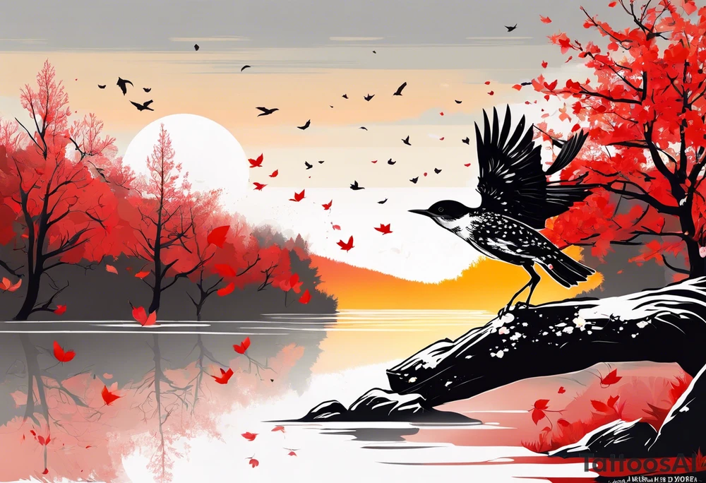 trash polka style. Arm tattoo. chest tattoo. Long tattoo. large tattoo. Full sleeve. Shoulder. A single large maple tree with red autumn leaves that branches upwards from wrist to shoulder. White-throated dipper bird on the trees branches. Calluna flowers at the base of the trees stem. Red/yellow sunset behind the trees stem. Leaves falling. tattoo idea