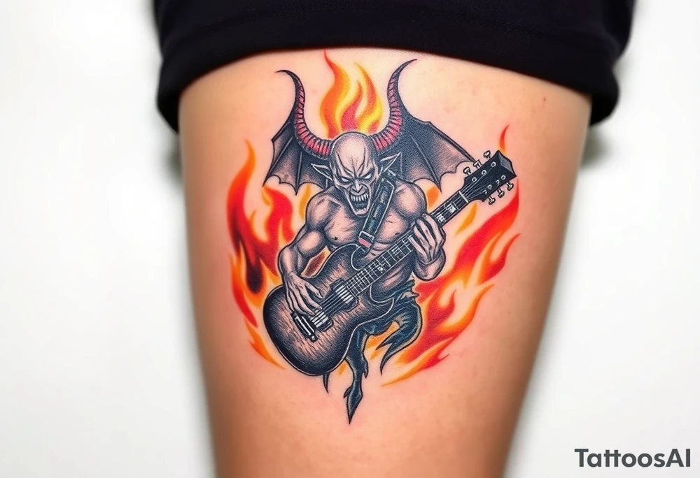 A demonic figure emerging from flames, holding a shattered guitar, set against a fiery backdrop with dark reds, oranges, and yellows tattoo idea