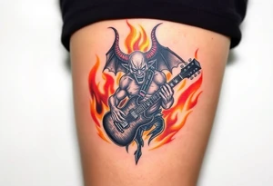 A demonic figure emerging from flames, holding a shattered guitar, set against a fiery backdrop with dark reds, oranges, and yellows tattoo idea