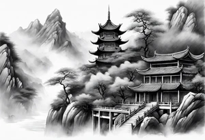 forearm sleeve traditional chinese art painting style autumn mountains mist fog water Chinese temple 2 males wearing robes seated drinking tea far away in the distance tattoo idea