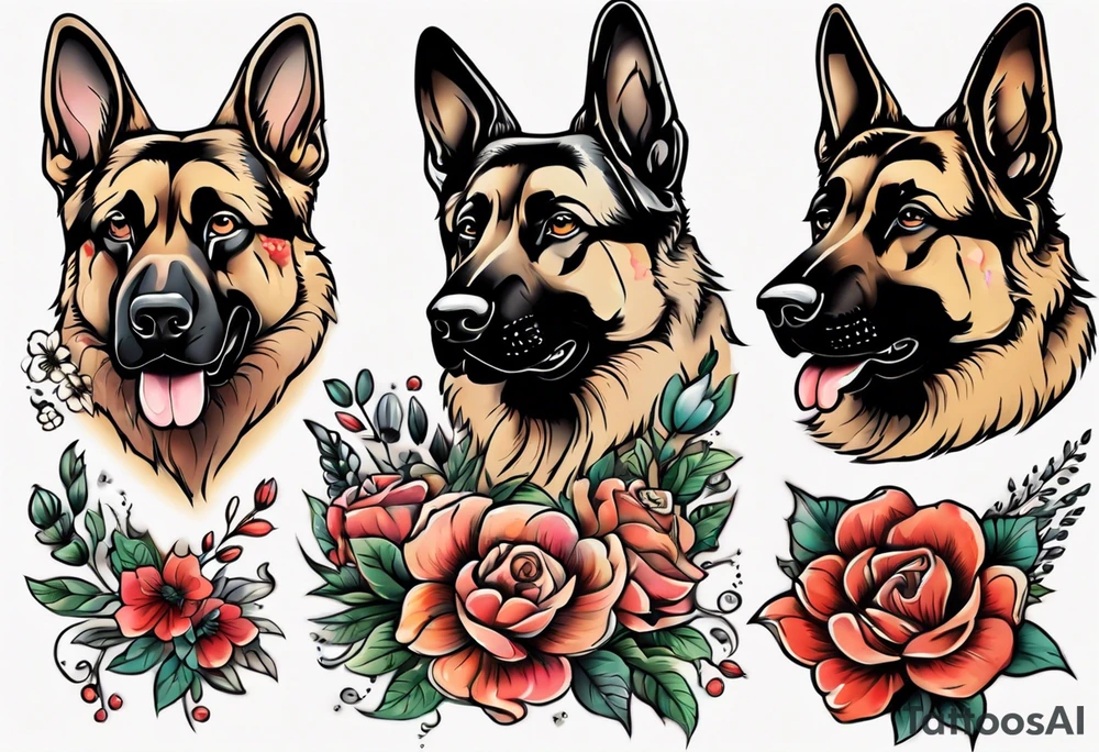 German shepherd portrait with flowers tattoo idea