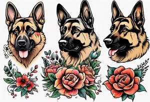 German shepherd portrait with flowers tattoo idea